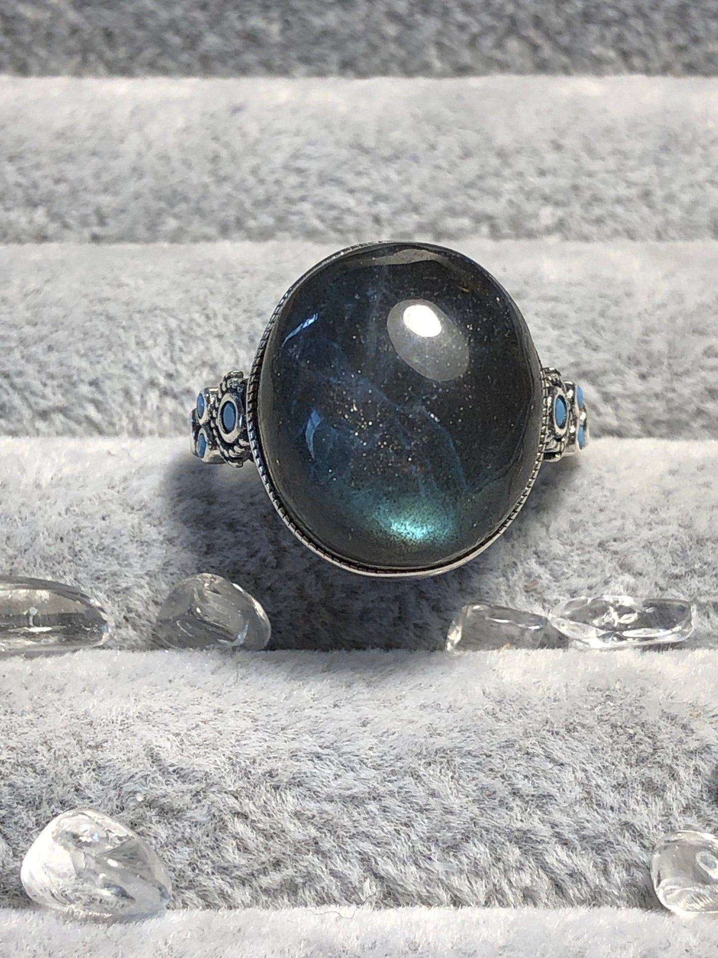 Chunky Oval Labradorite Ring with Blue Flash • 925 Sterling Silver • Adjustable • Gift Box