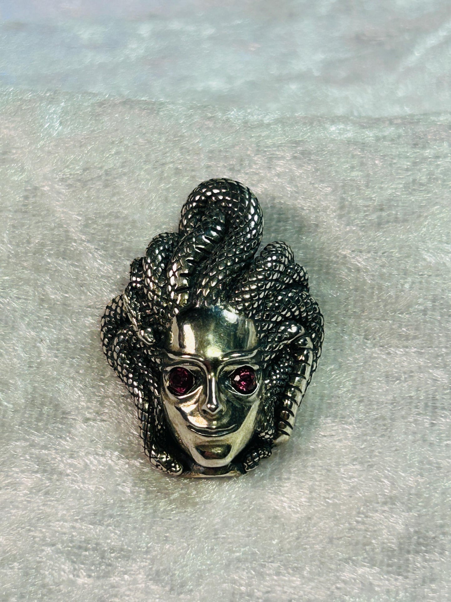Medusa Pendant with Garnet Gemstones • 925 Sterling Silver • Gift Box