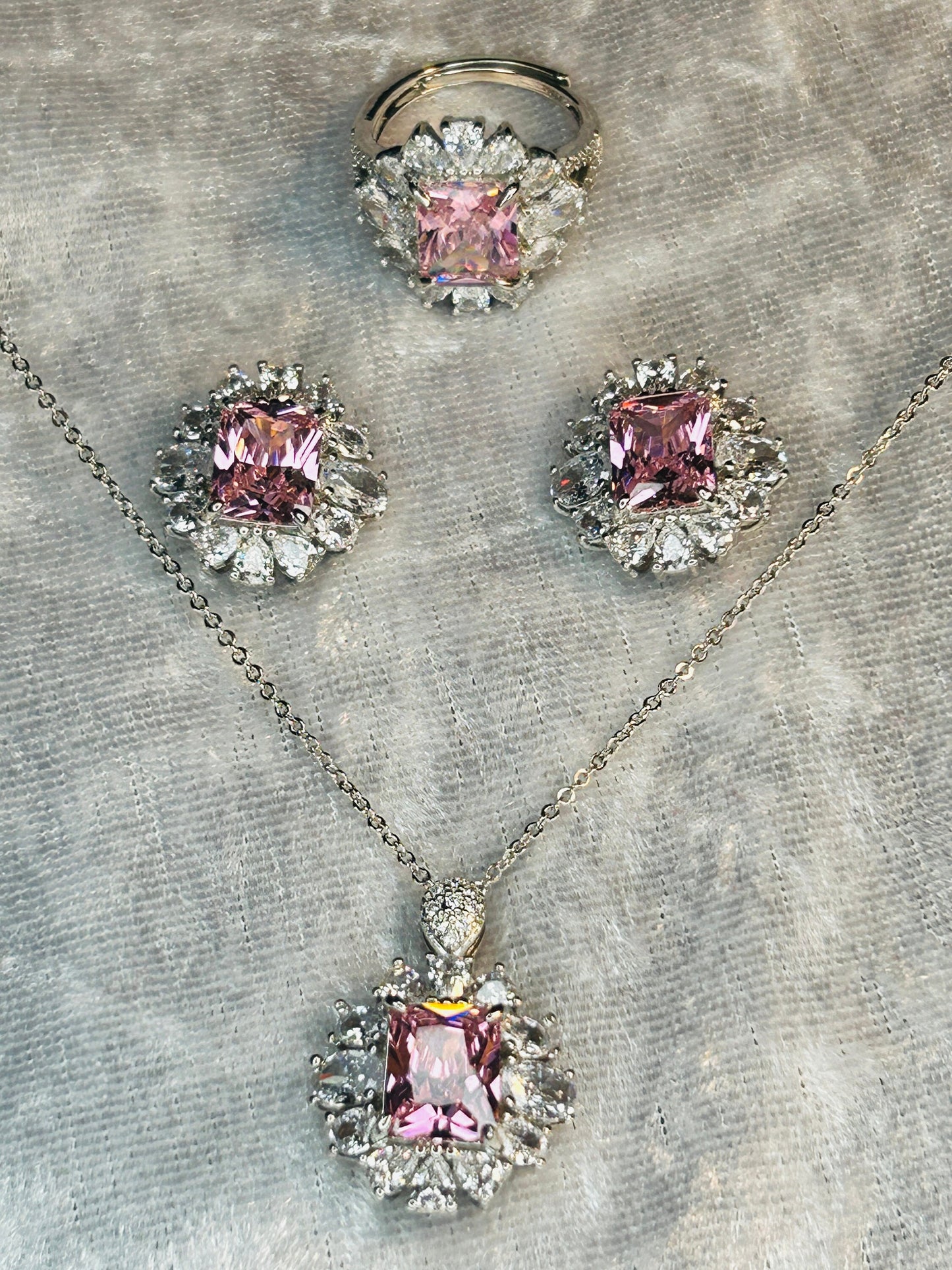 Pink CZ Crystal Jewelry Set: Platinum Plated Necklace, Ring & Earrings