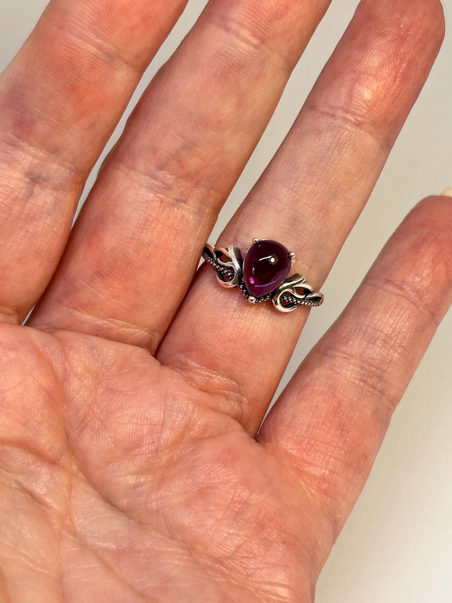 Dainty Crystal Ring with Teardrop Amethyst Gemstone • 925 Sterling Silver • Adjustable • Gift Box