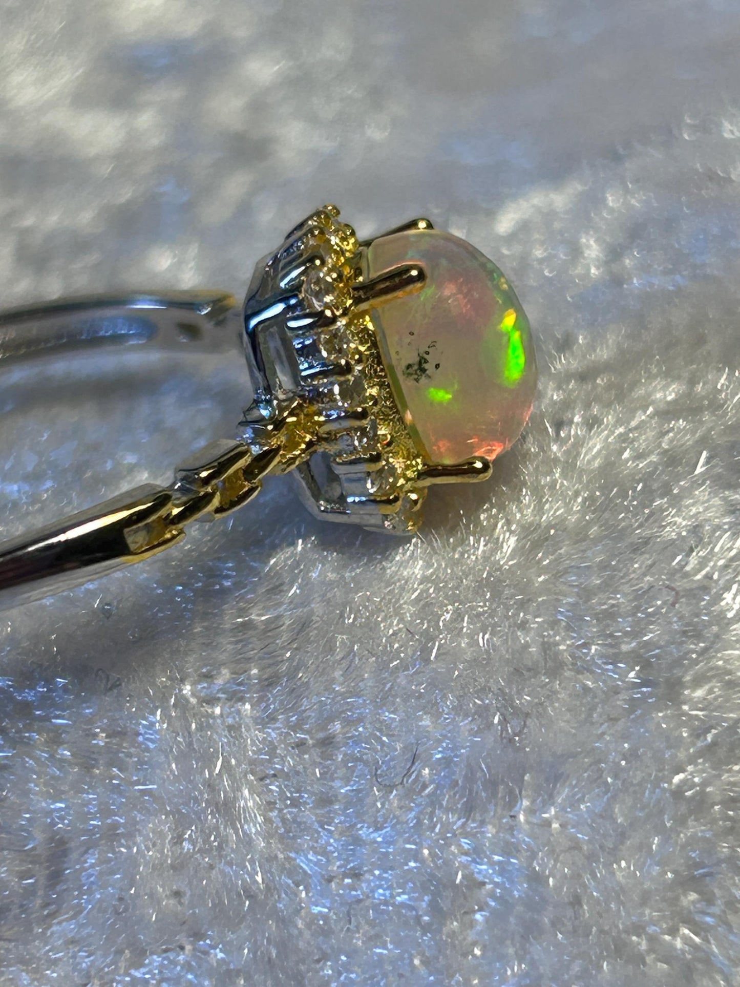 Rainbow Opal Ring with CZ Accents • Gold Plated 925 Sterling Silver • Adjustable • Gift Box