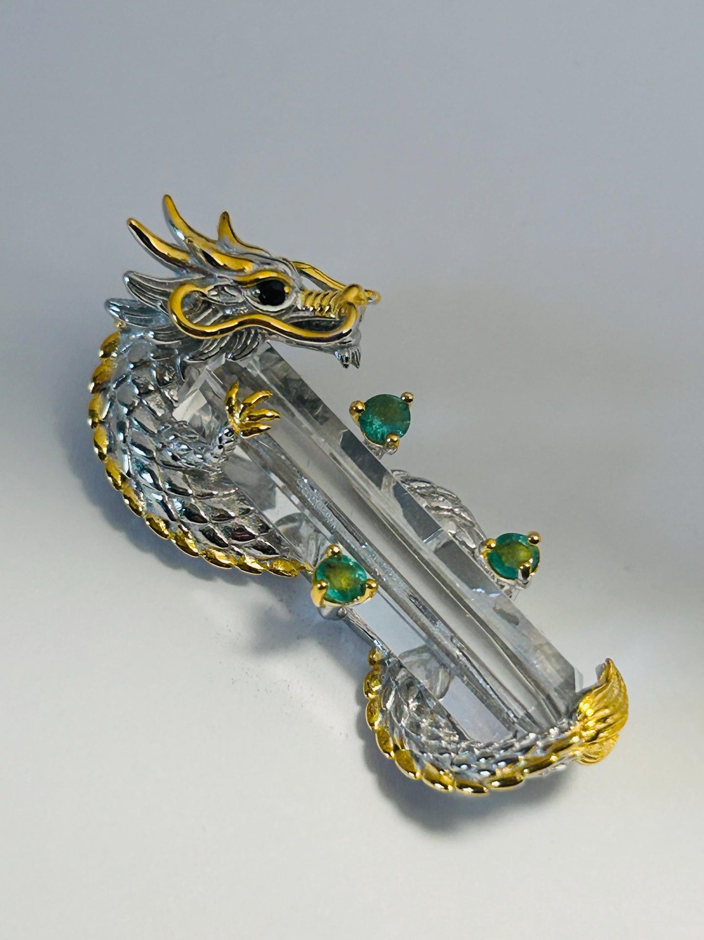 Sterling Silver Dragon Pendant | 925 Necklace | Clear Quartz Crystal Point Jewellery | Gift Boxed