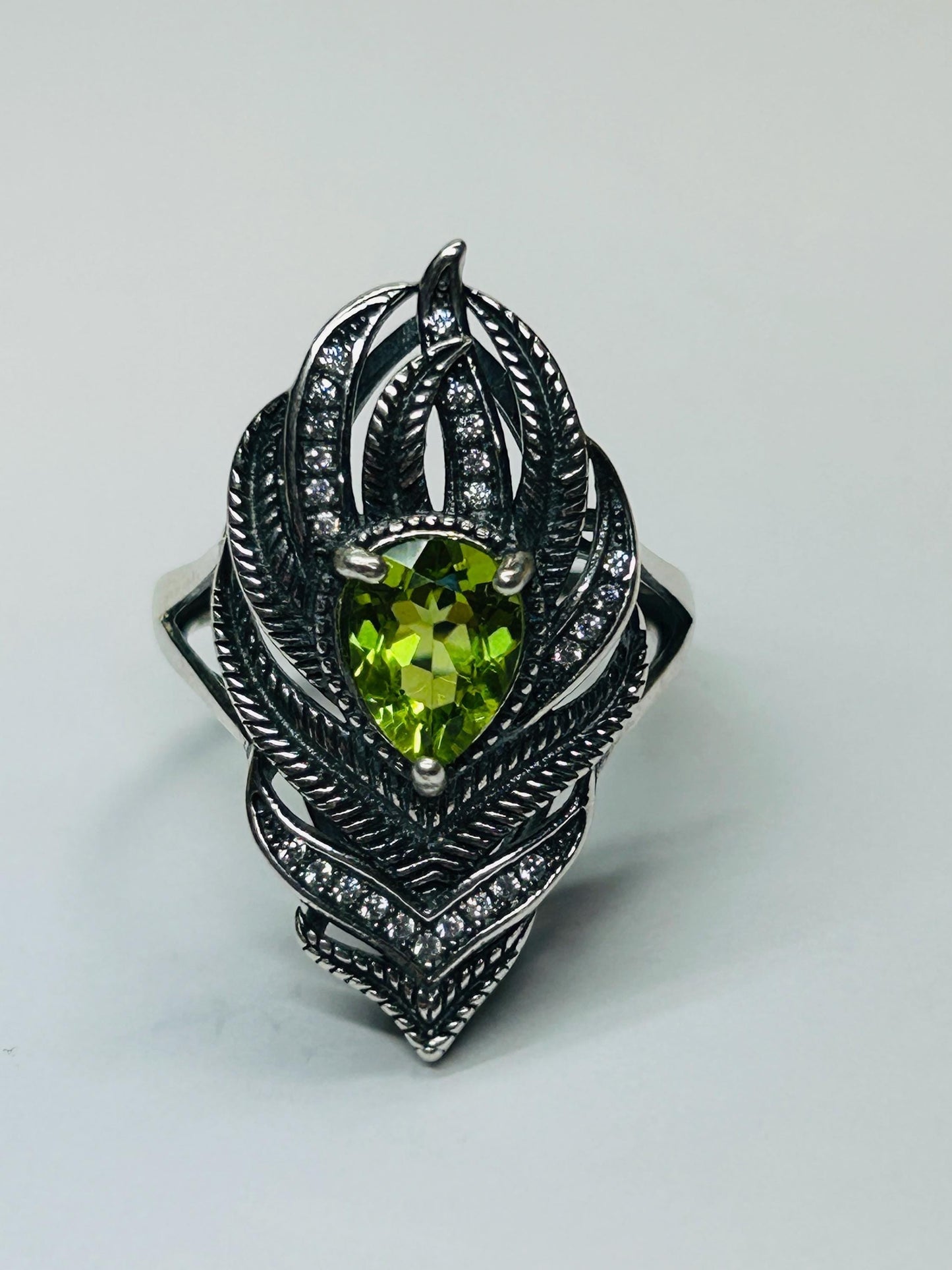 925 Silver Feather Ring • Peacock Feather with Peridot Gemstone • CZ Accents • Adjustable • Giftbox