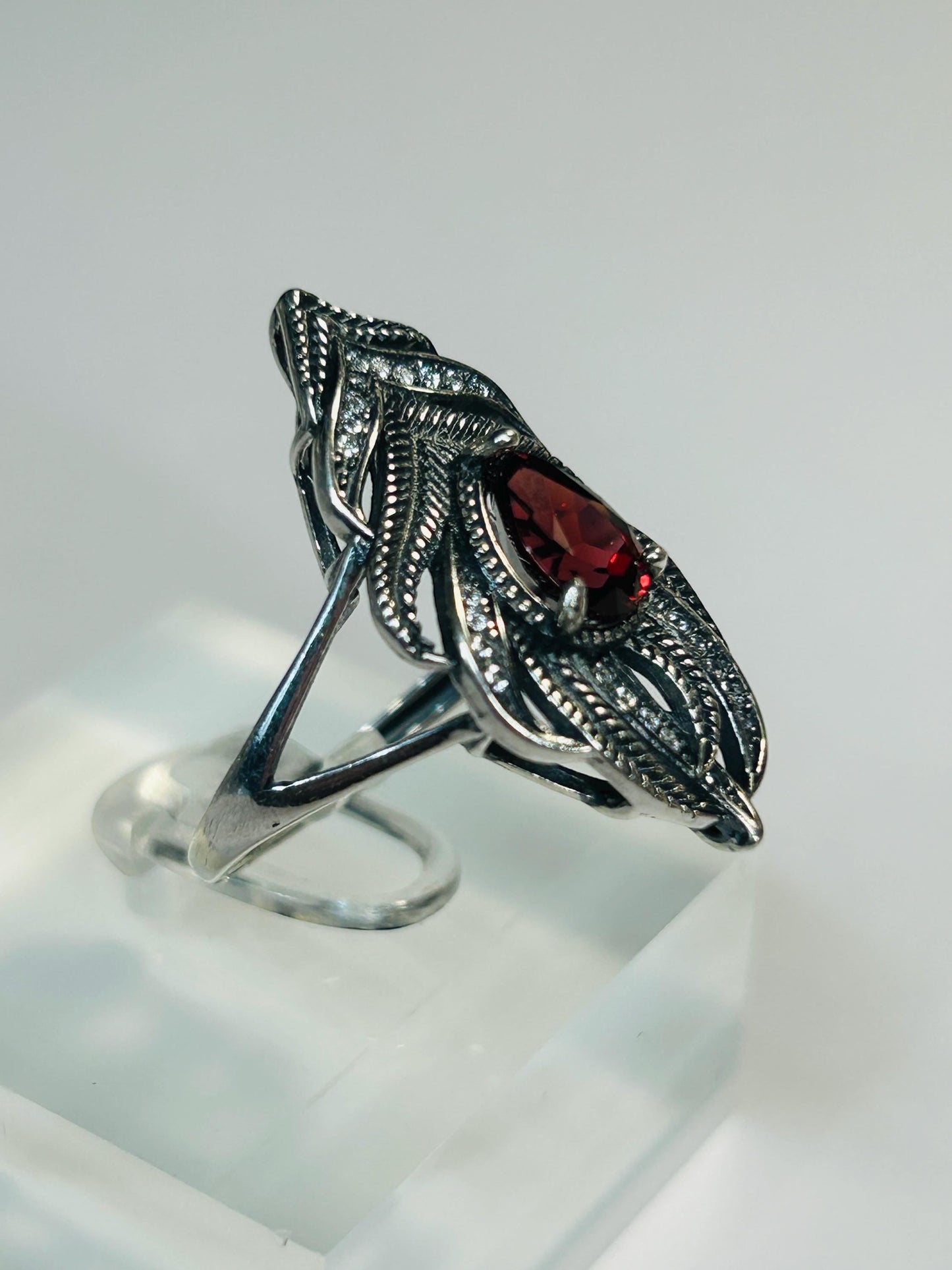 925 Silver Feather Ring • Peacock Feather with Garnet Gemstone • CZ Accents • Adjustable • Giftbox