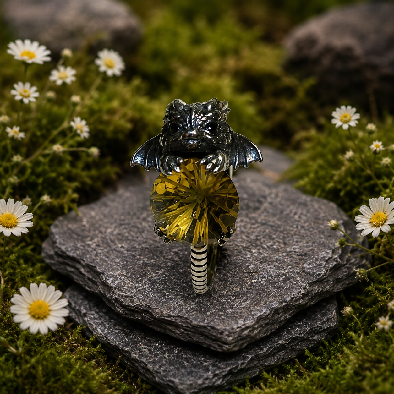 Baby Dragon Ring with Faceted Citrine Gemstone • 925 Sterling Silver • Adjustable • Gift Box