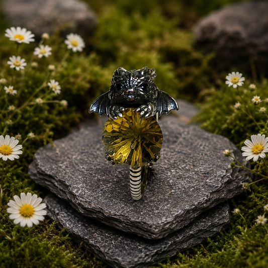 Baby Dragon Ring with Faceted Citrine Gemstone • 925 Sterling Silver • Adjustable • Gift Box