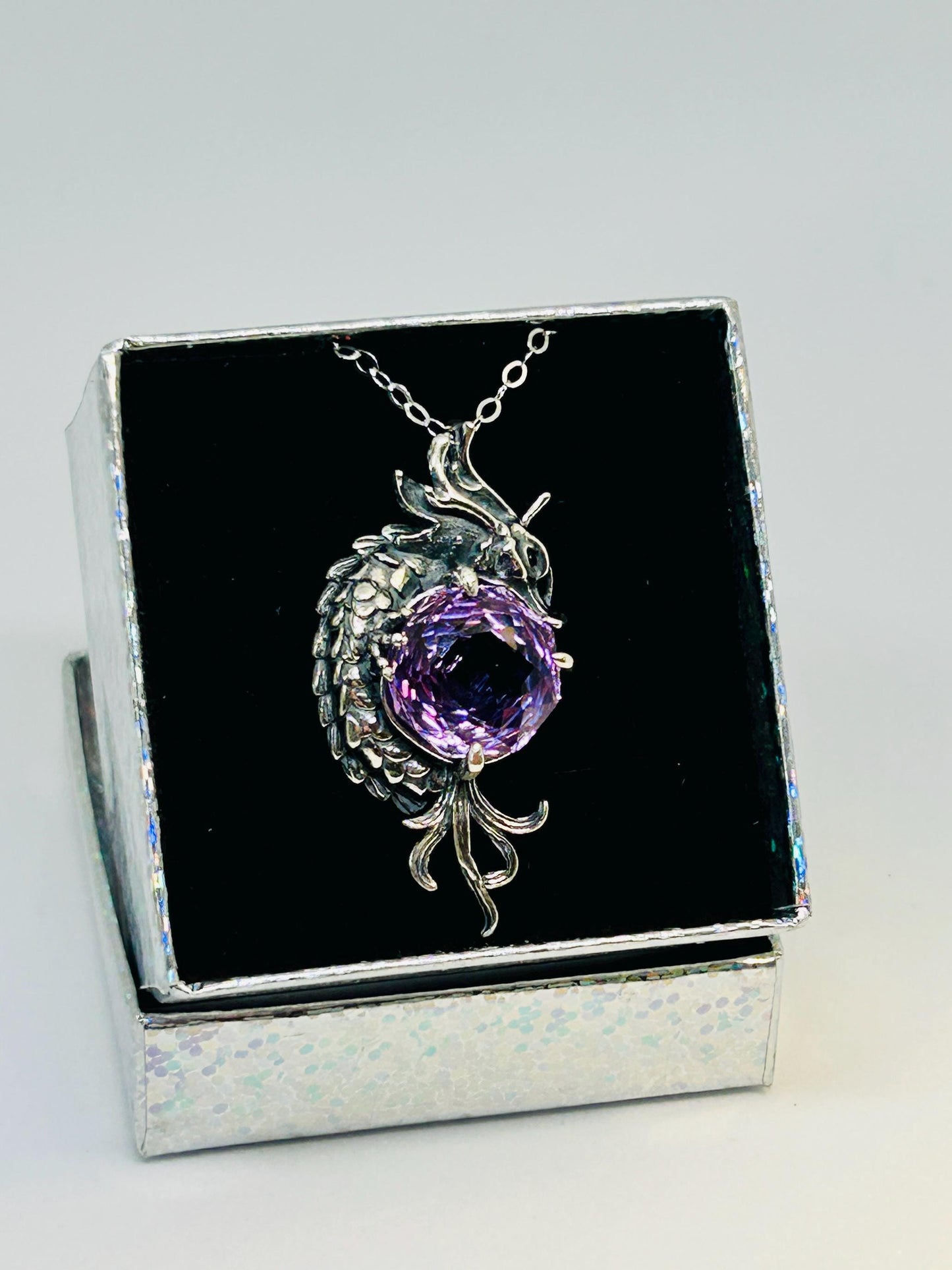 Amethyst Dragon Pendant | 925 Sterling Silver Necklace | Handcrafted Fantasy Jewellery | Gift for Her