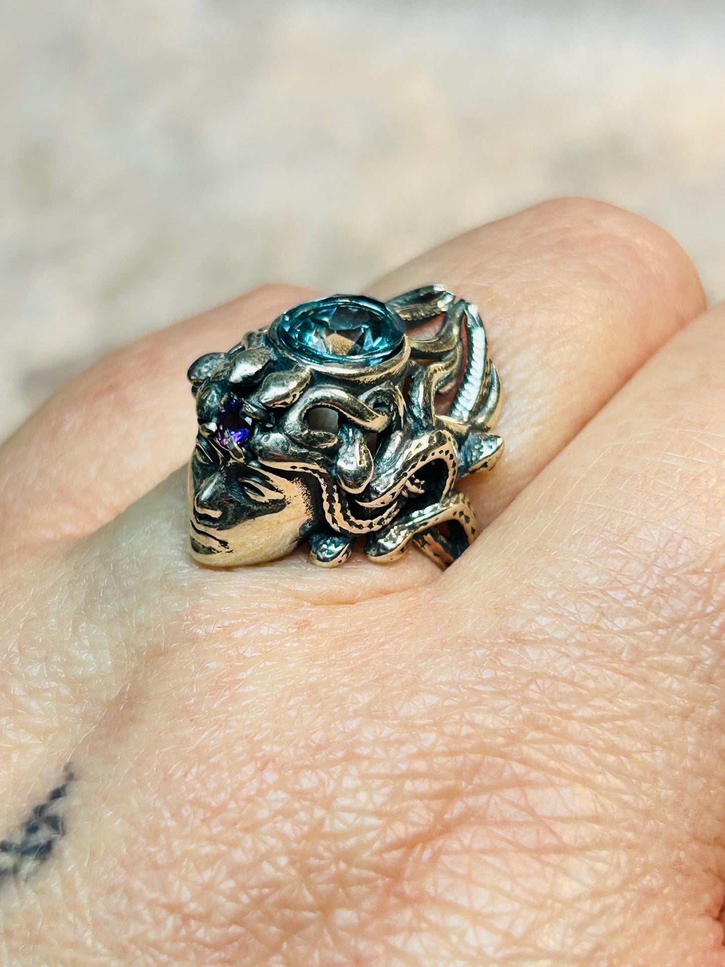 Mythical Medusa Ring with Blue Topaz & Amethyst Gemstones • 925 Sterling Silver • Adjustable • Gift box