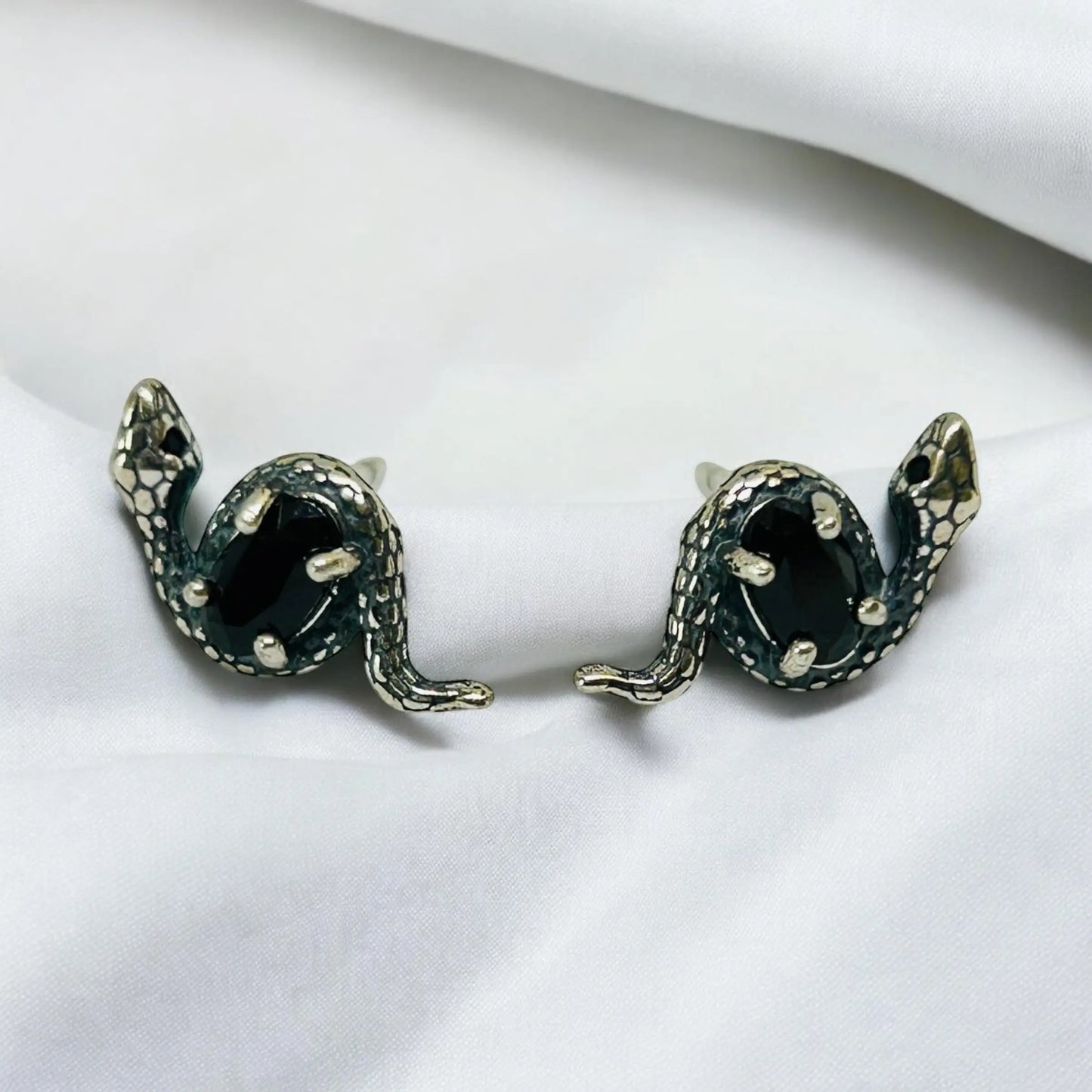 Snake Stud Earrings with Black Spinel Gemstone • 925 Sterling Silver • Gift Box Celtic Dragon Jewellery