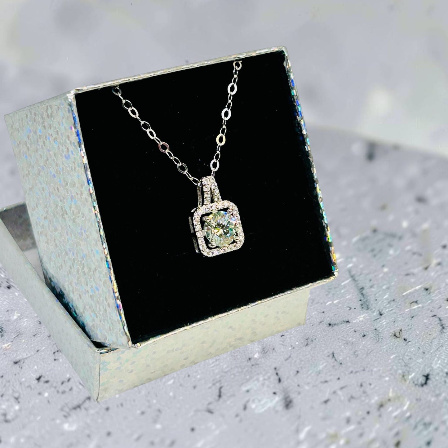 Square Moissanite Pendant with CZ Accents • 925 Sterling Silver • Gift Box