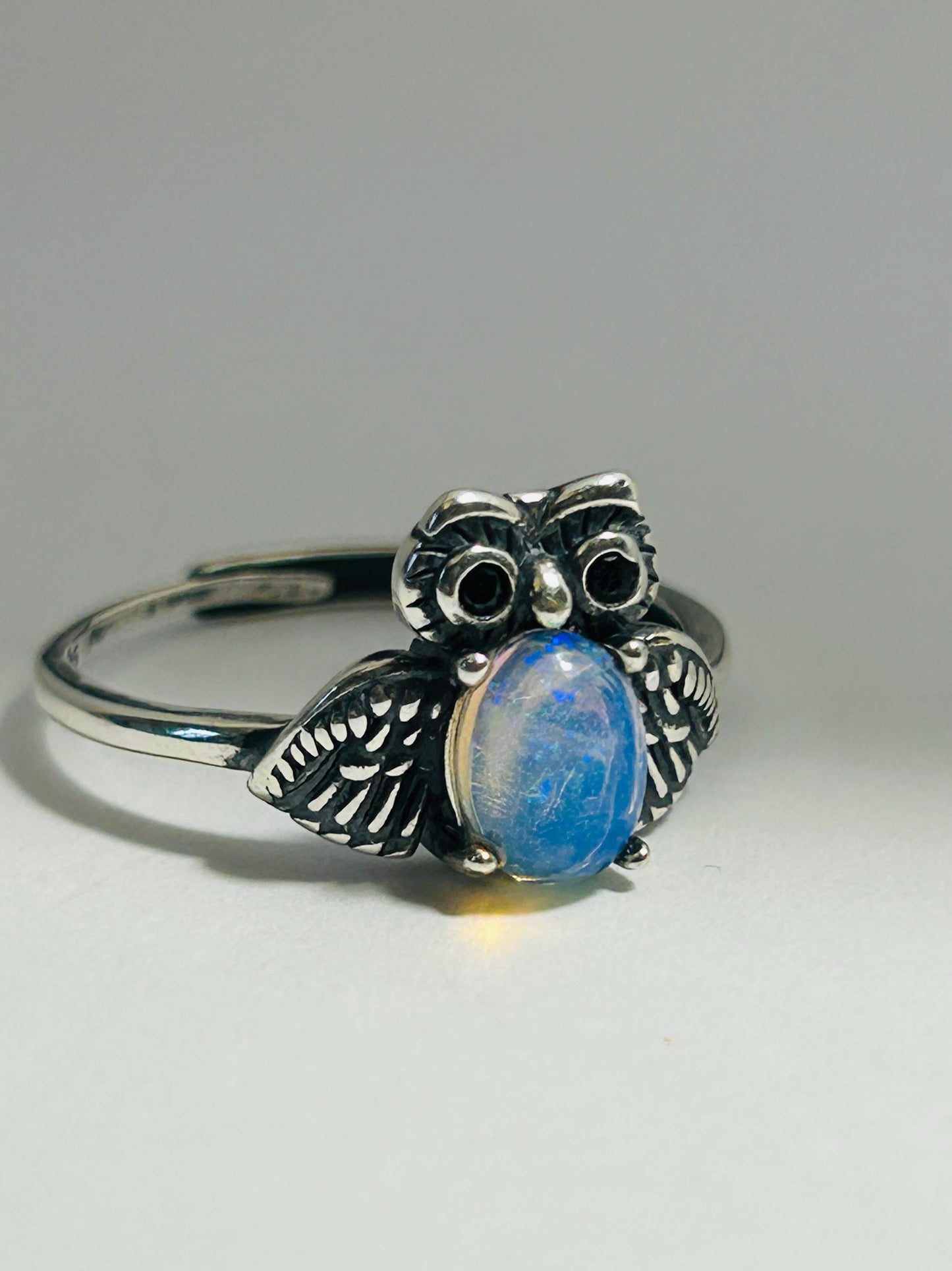 Sterling Silver Owl Ring With Opal Gemstone - Adjustable - 925 - Gift Boxed