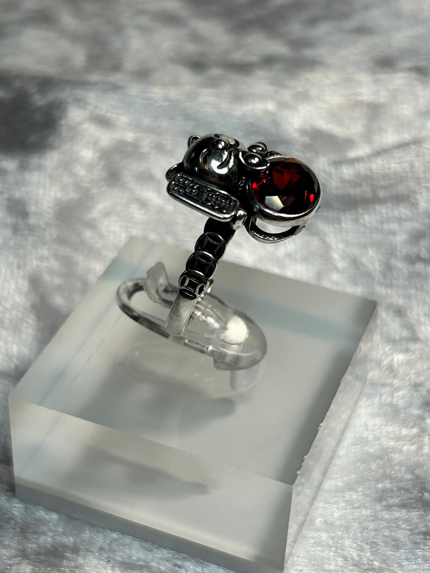 Waving Fortune Cat Ring with Faceted Garnet Gemstone • 925 Sterling Silver Lucky Cat Talisman • Adjustable • Gift Box
