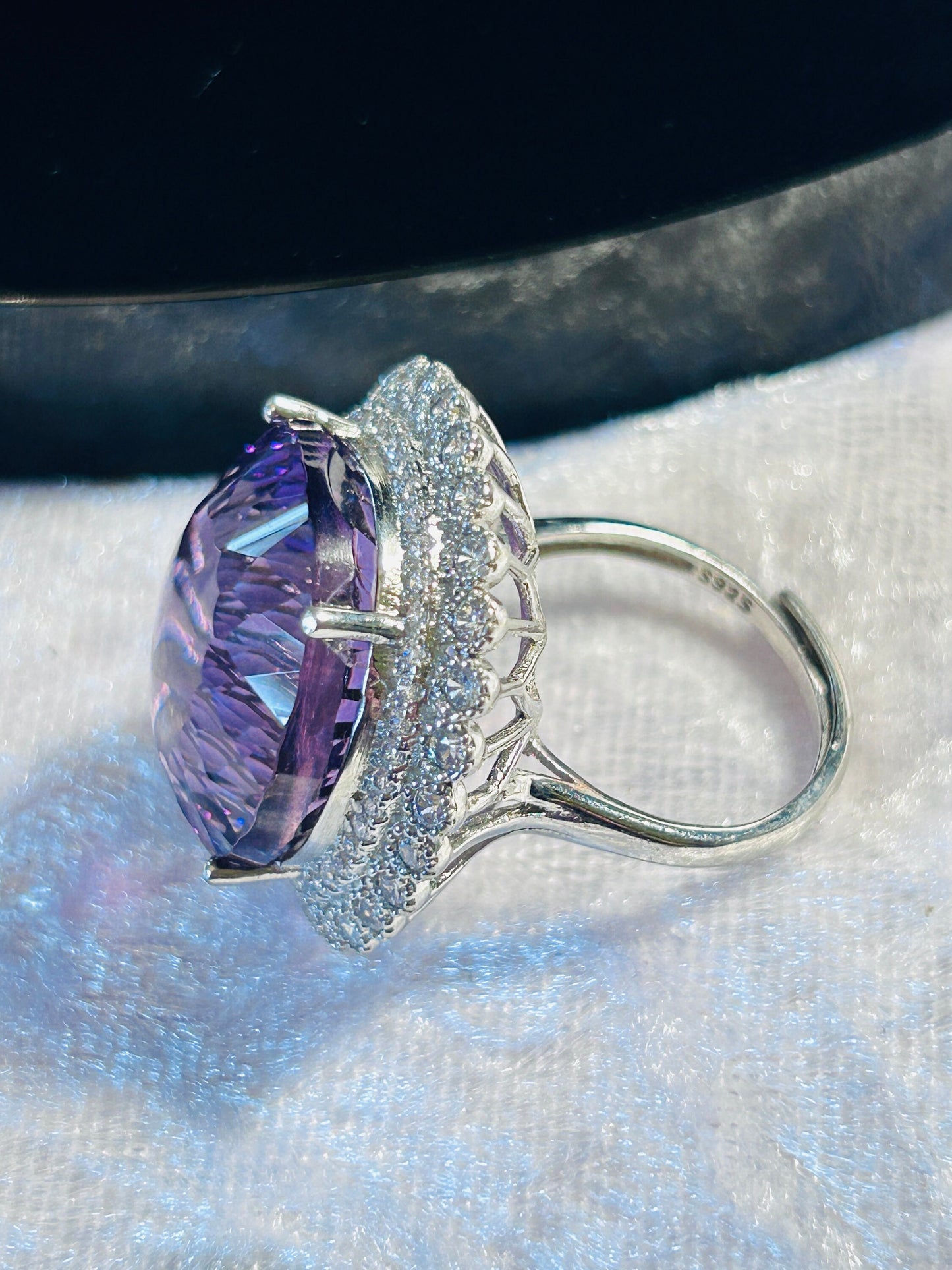 Adjustable 925 Silver Amethyst Ring with CZ Surround