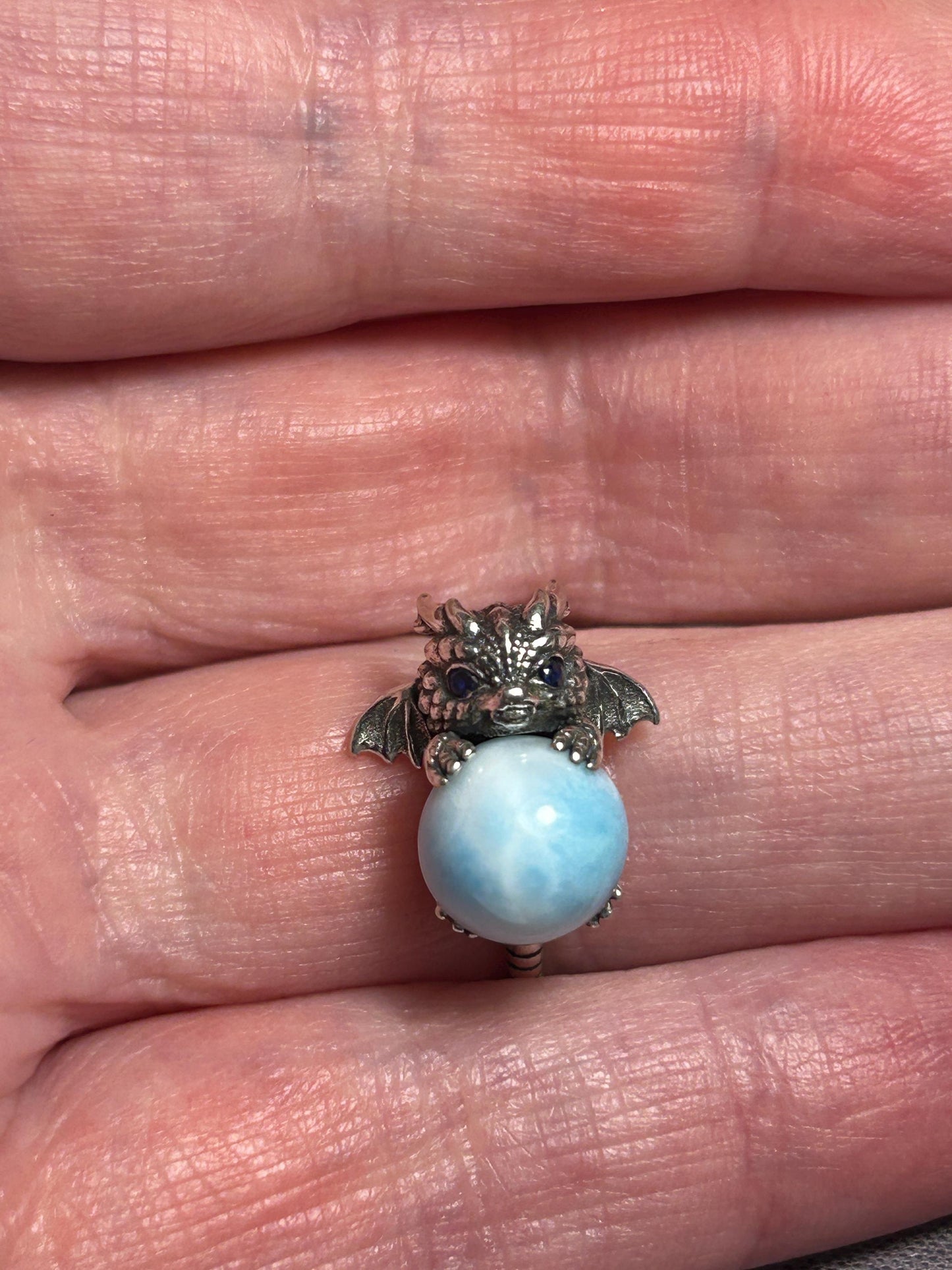 925 Silver Larimar Dragon Ring • Adjustable • Giftbox