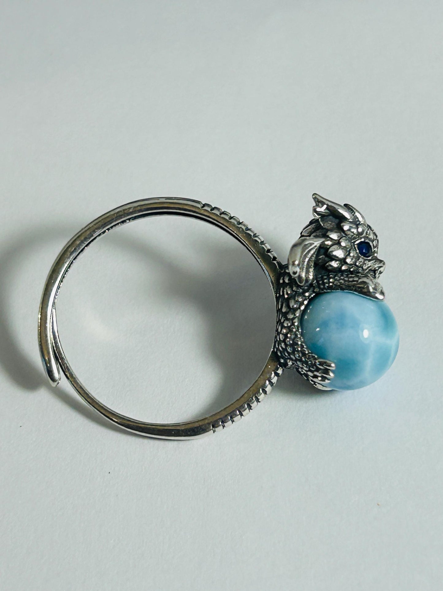 Baby Dragon Ring with Larimar Gemstone • 925 Sterling Silver • Adjustable • Gift box