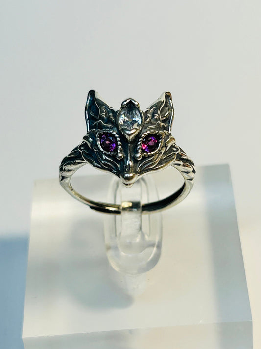 Fox Ring: 925 Silver, Pink Garnet Eyes, Adjustable Band