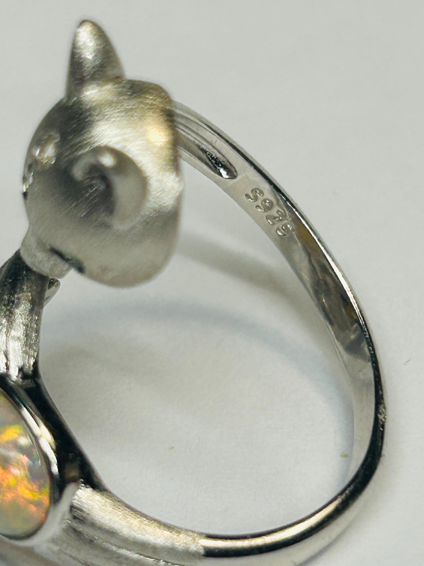 Fox Ring with Opal Cabochon • 925 Burnished Sterling Silver • Adjustable • with Gift Box