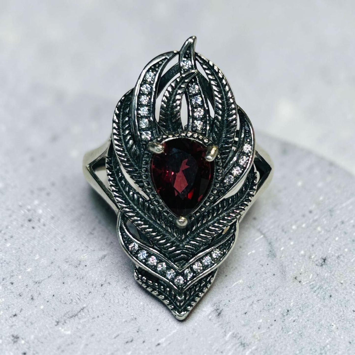 925 Silver Feather Ring • Peacock Feather with Garnet Gemstone • CZ Accents • Adjustable • Giftbox