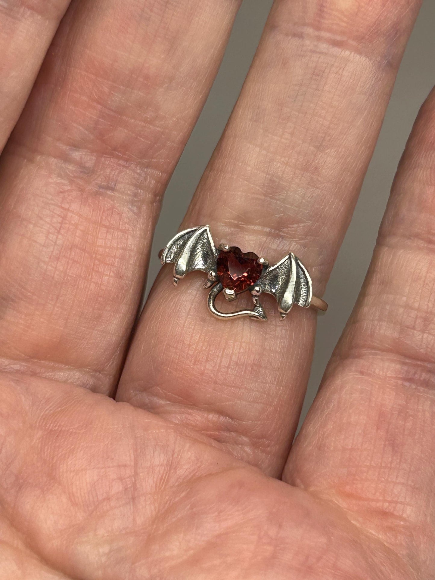 925 Silver Garnet Ring • Bat Design • Adjustable • Giftbox