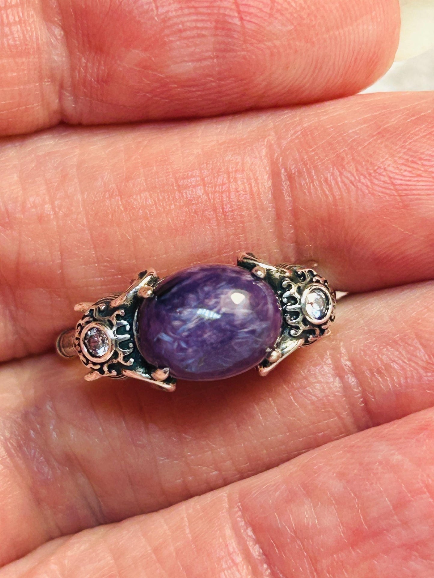 Elephant Ring with Charoite Gemstone • 925 Sterling Silver • Adjustable • Gift Box