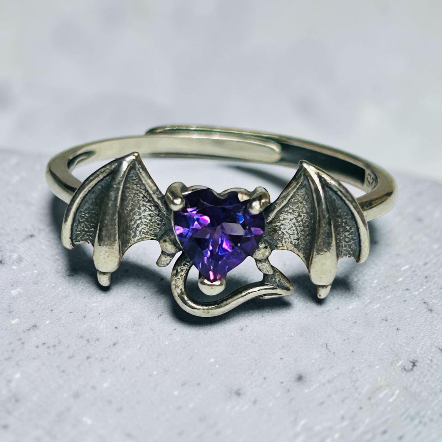 925 Sterling Silver Bat Ring with Amethyst - Adjustable Gothic Jewellery with Gift Box