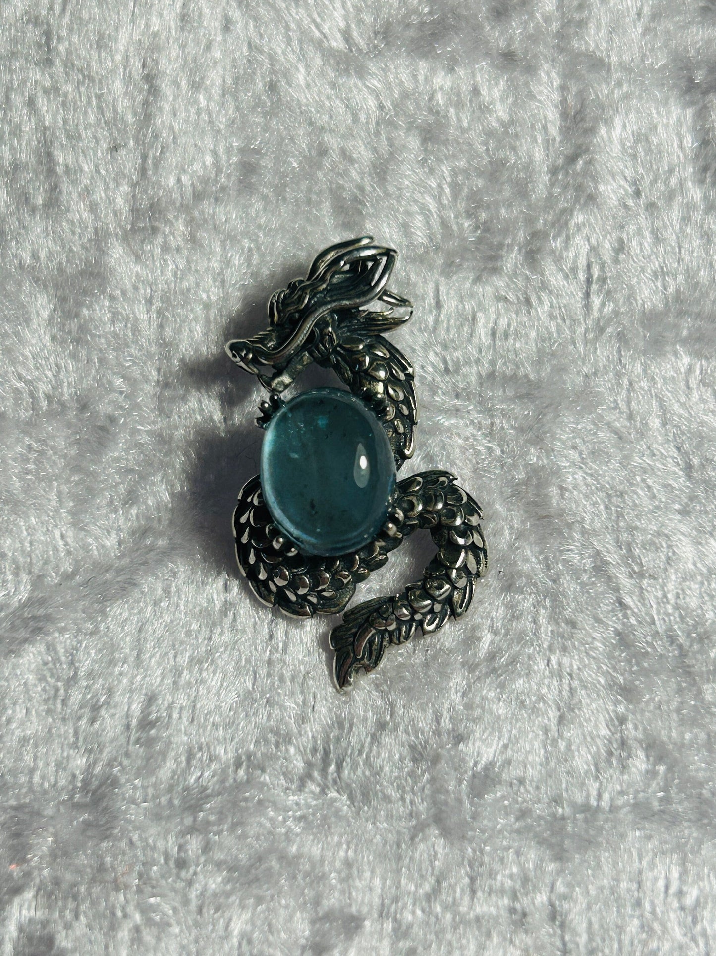 Dragon Pendant Made of 925 Silver With Aquamarine Crystal Gemstone - Supplied In Gift Box