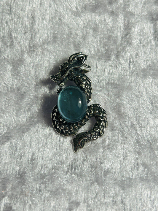 Dragon Pendant Made of 925 Silver With Aquamarine Crystal Gemstone - Supplied In Gift Box