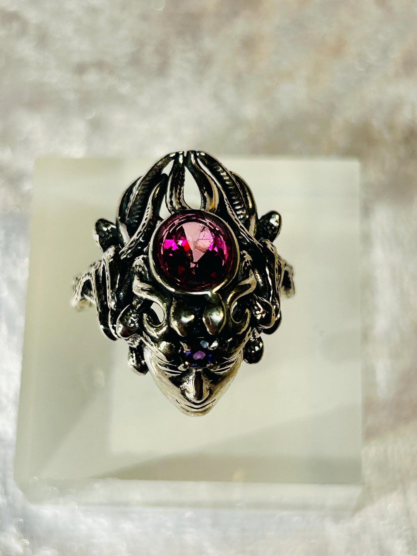 Mythical Medusa Ring with Pink Topaz & Amethyst Gemstones • 925 Sterling Silver • Adjustable • Gift box