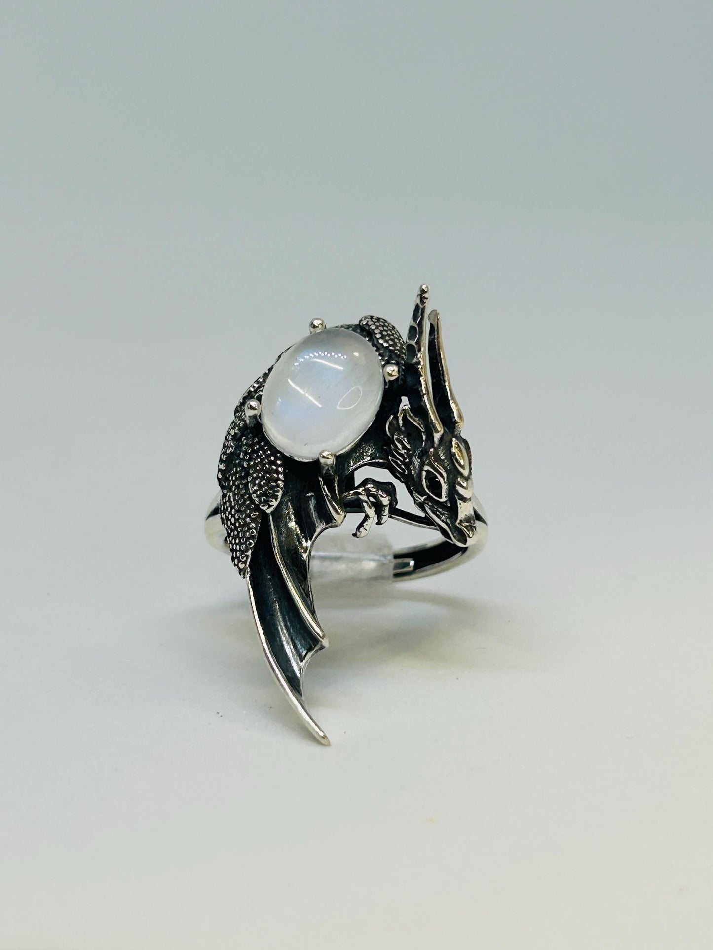 Dragon Ring with Rainbow Moonstone Gemstone • 925 Sterling Silver • Adjustable Size • Gift Box