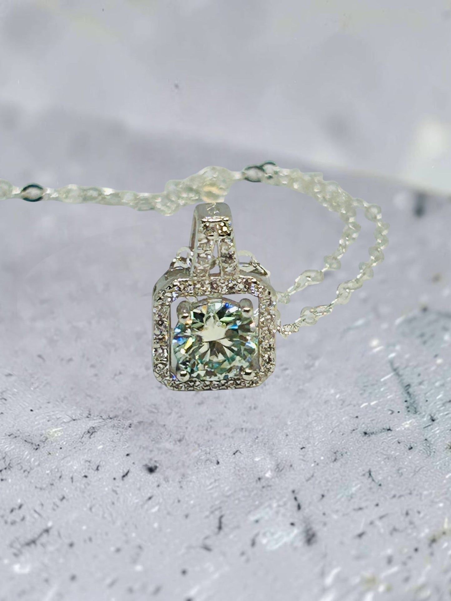 Square Moissanite Pendant with CZ Accents • 925 Sterling Silver • Gift Box