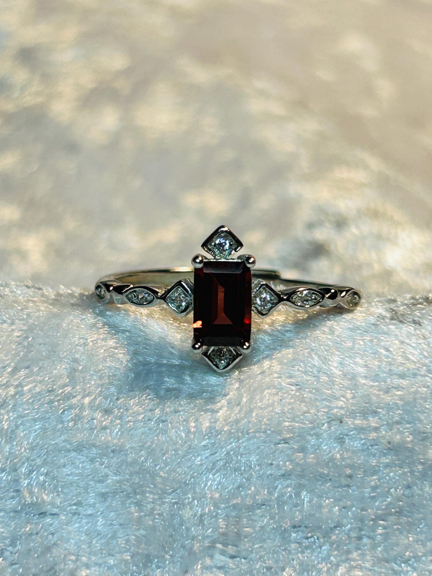 Ornate Garnet Ring with CZ Accents • 925 Sterling Silver • Adjustable • Gift Box