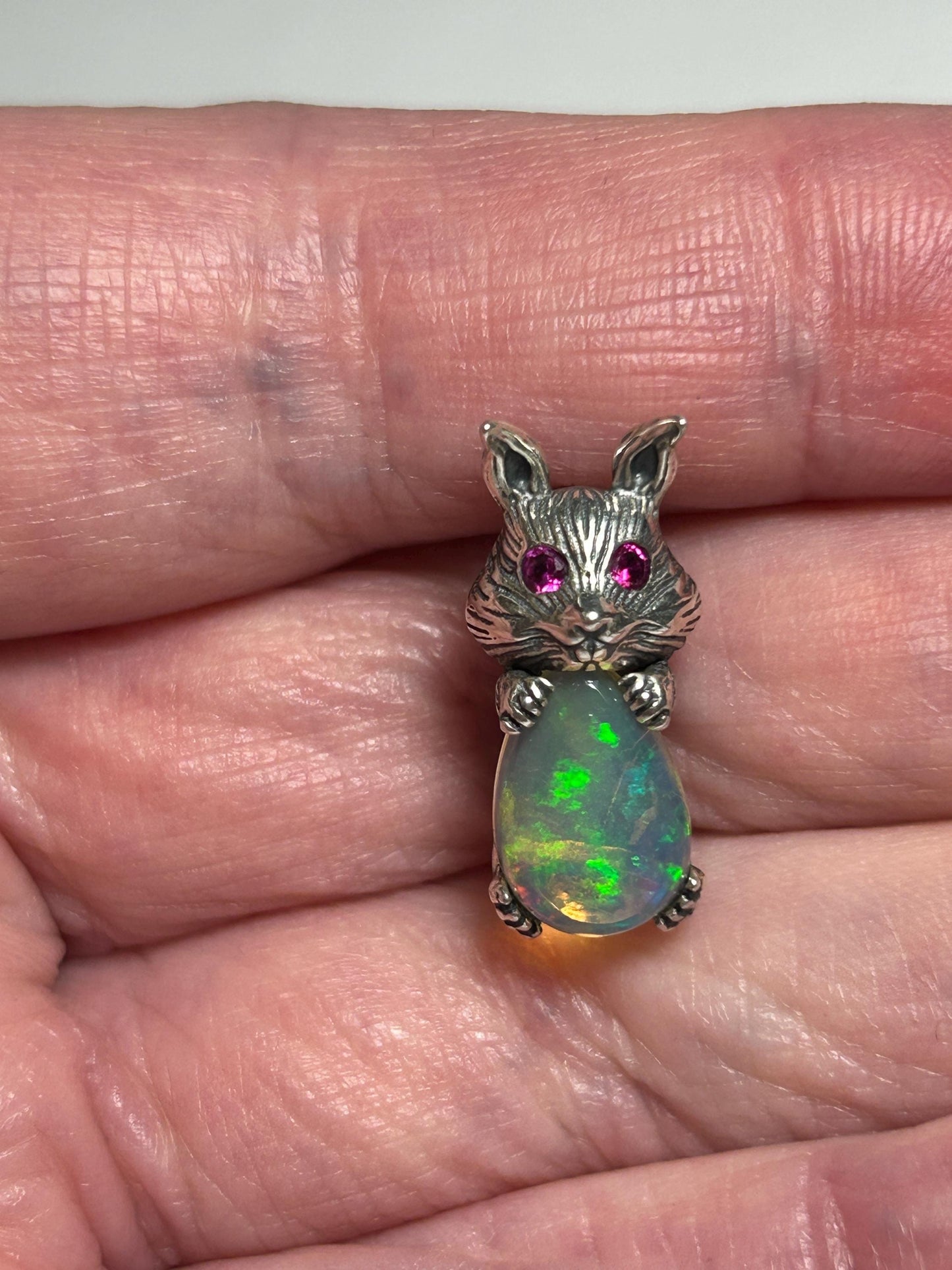Rabbit Pendant with Opal Gemstone • 925 Sterling Silver • Gift Box