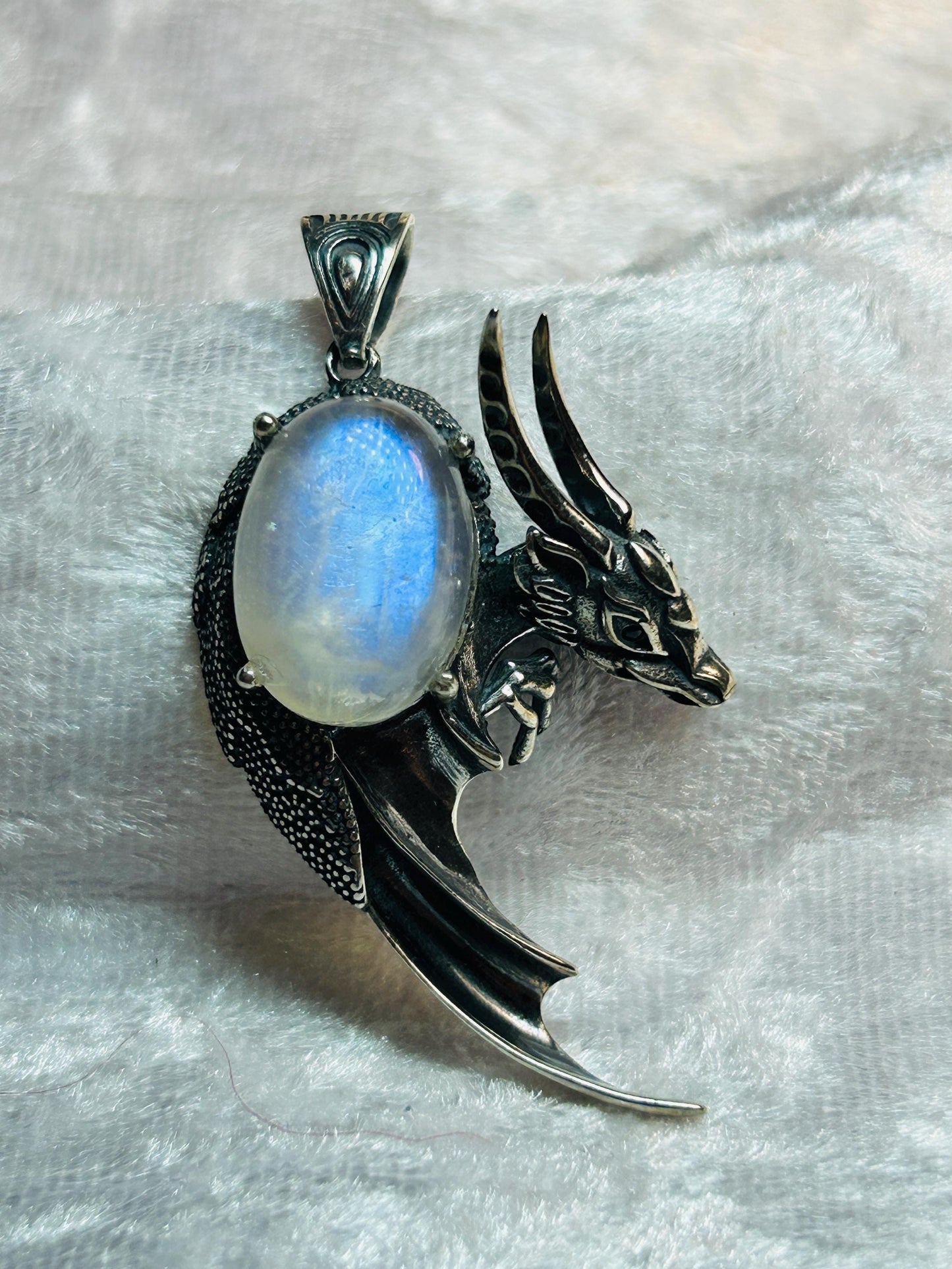 Large Dragon Pendant with Rainbow Moonstone Gemstone • 925 Sterling Silver • Gift Box