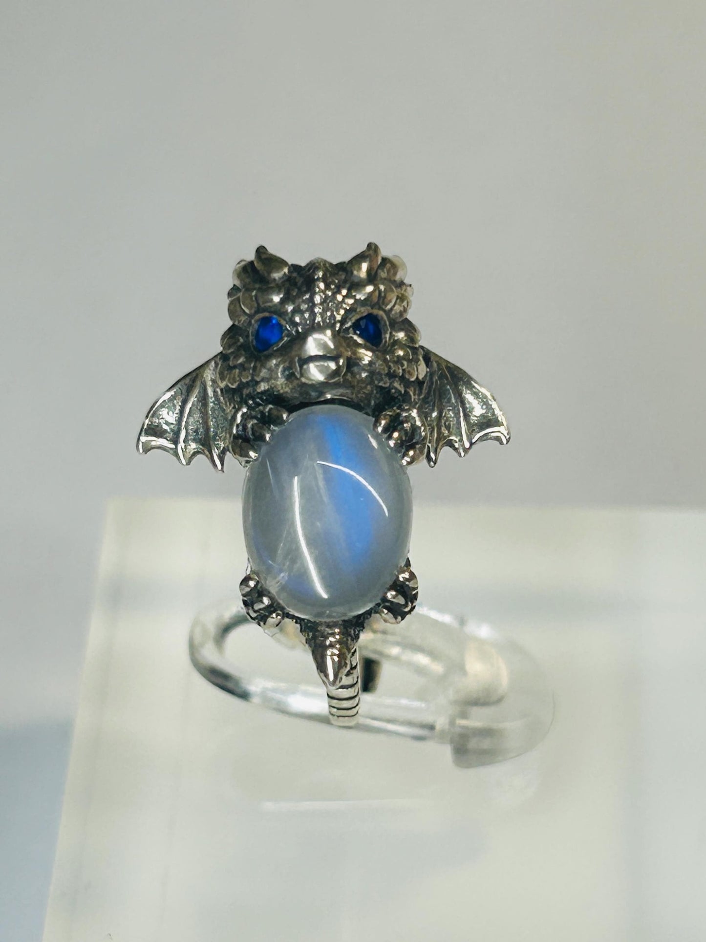 925 Silver Moonstone Ring • Baby Dragon Design • Adjustable • Giftbox