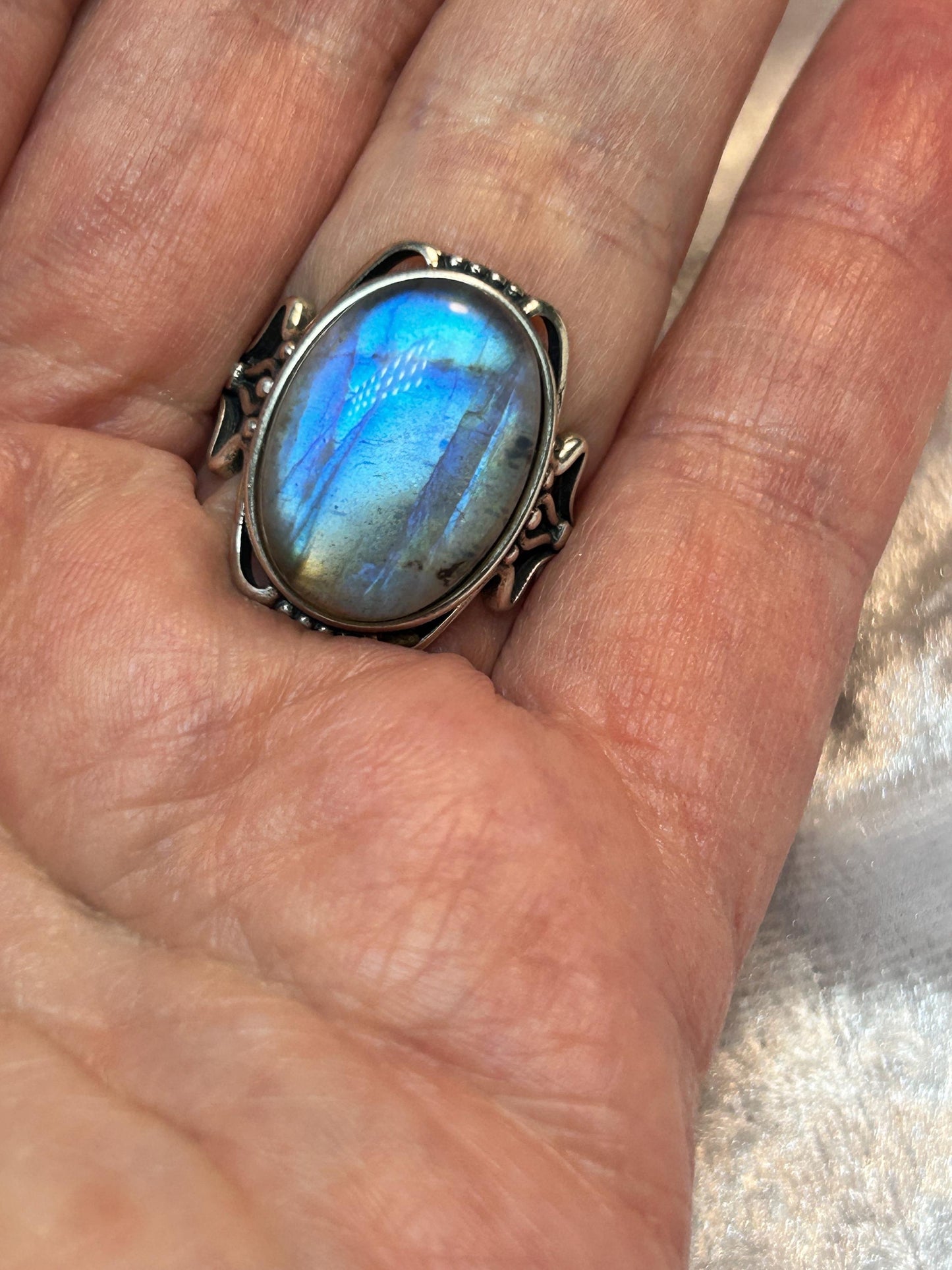 High Flash Labradorite Ring • 925 Sterling Silver • Adjustable • Gift Box