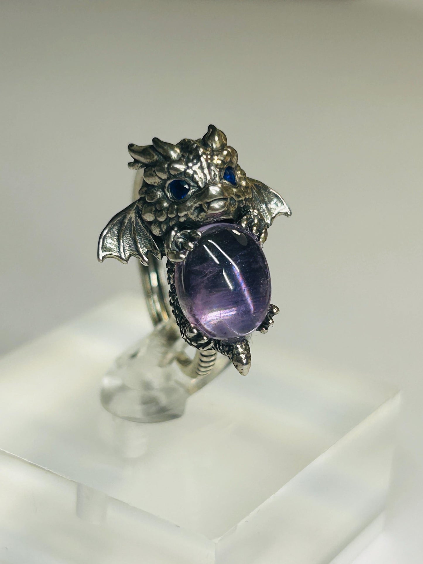 925 Silver Amethyst Ring • Baby Dragon Design • Adjustable • Giftbox