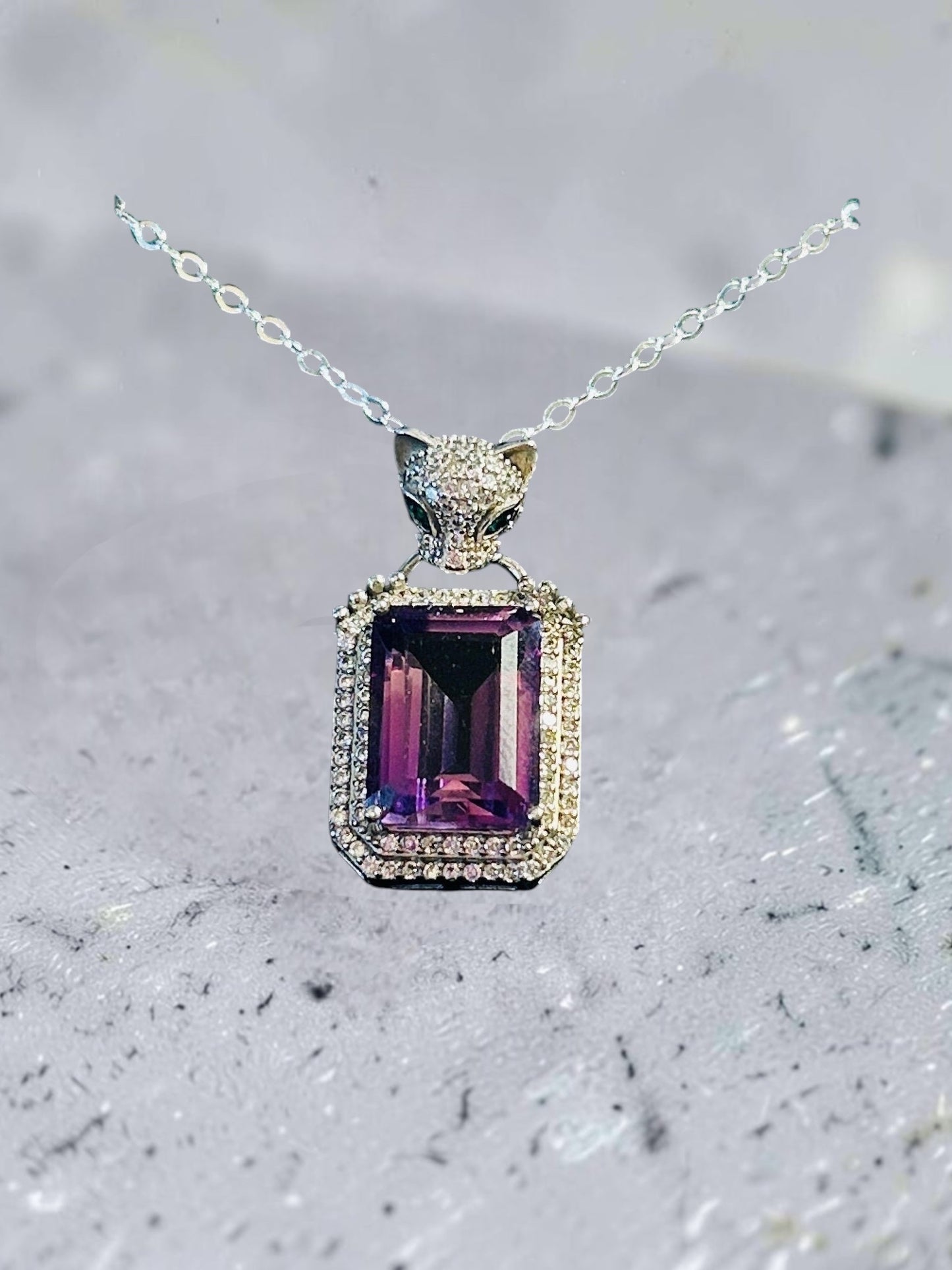 Crystal Encrusted Leopard Pendant with Amethyst Gemstone • 925 Sterling Silver • CZ Accents • Gift Box