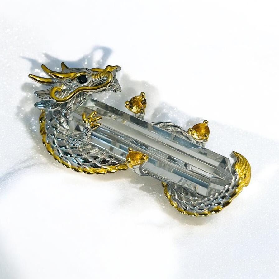 Sterling Silver Dragon Pendant Wrapped Around Clear Quartz Crystal Point - 925 - Gift Boxed