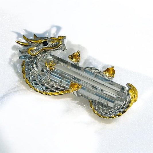 Sterling Silver Dragon Pendant Wrapped Around Clear Quartz Crystal Point - 925 - Gift Boxed