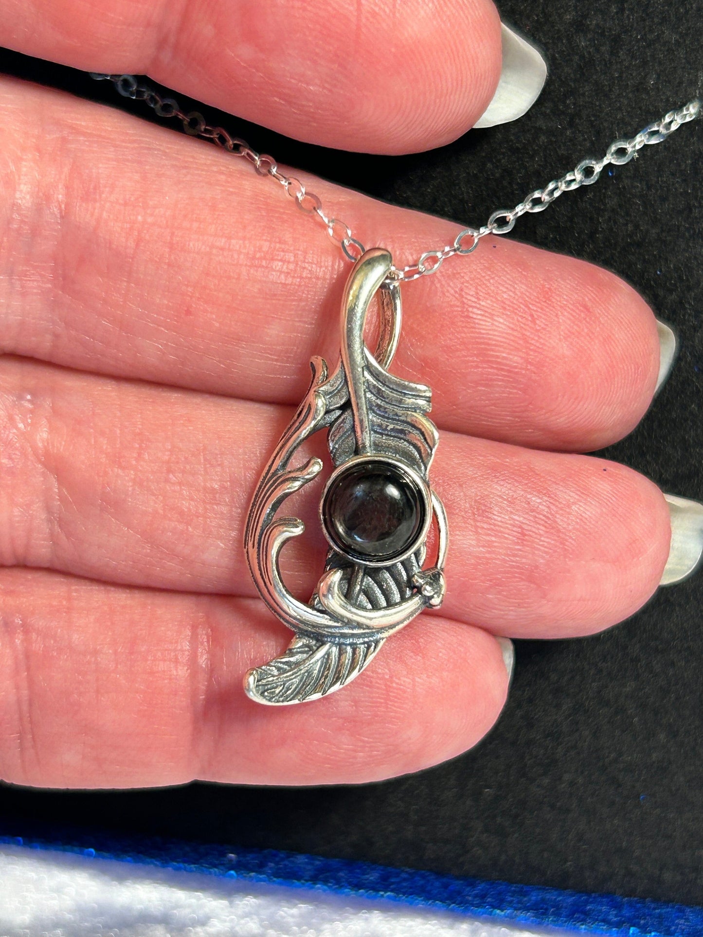 Feather Pendant with Hypersthene Gemstone • 925 Sterling Silver • Gift Box