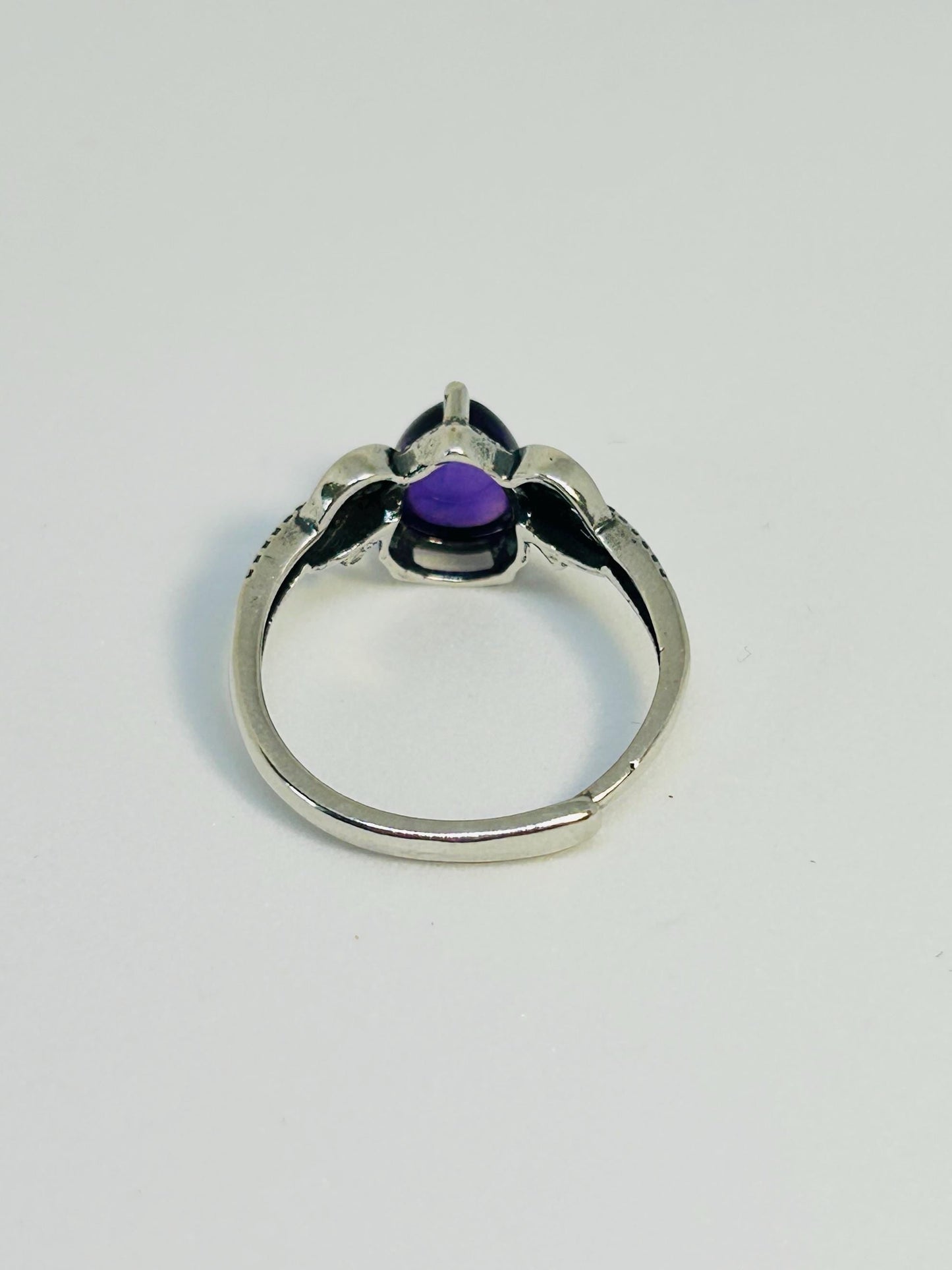 Dainty Crystal Ring with Teardrop Amethyst Gemstone • 925 Sterling Silver • Adjustable • Gift Box