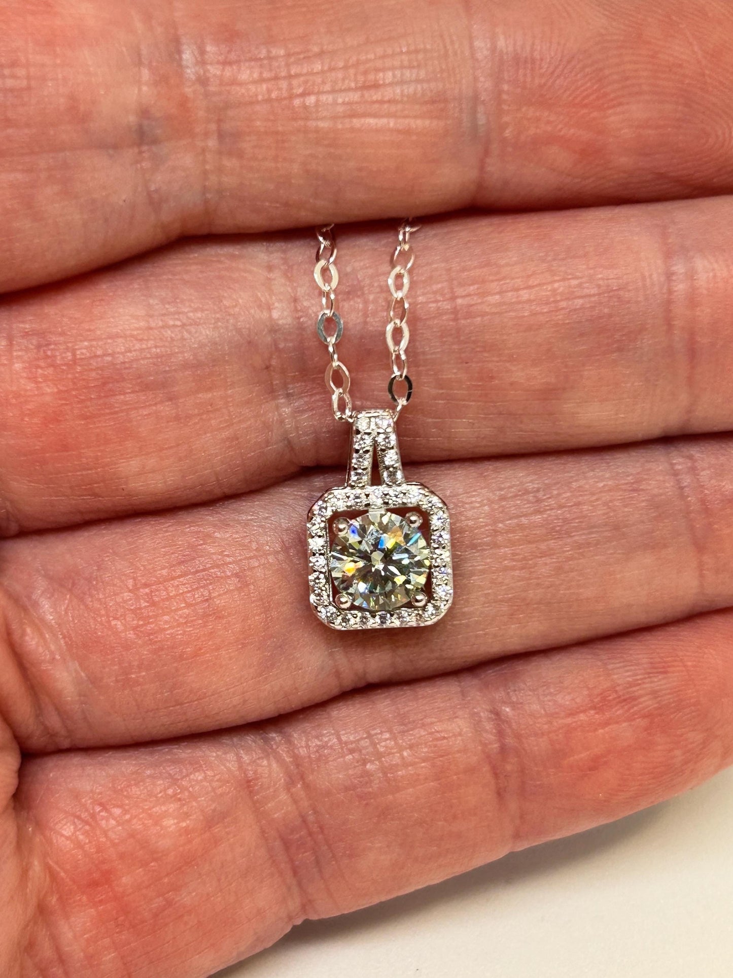 Square Moissanite Pendant with CZ Accents • 925 Sterling Silver • Gift Box
