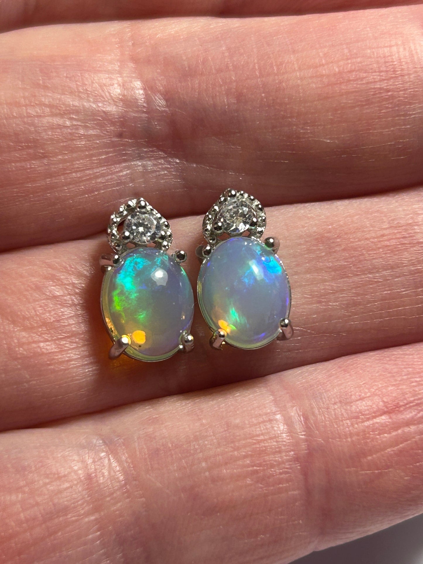 Rainbow Opal Stud Earrings with CZ Accents • 925 Sterling Silver • Gift Box