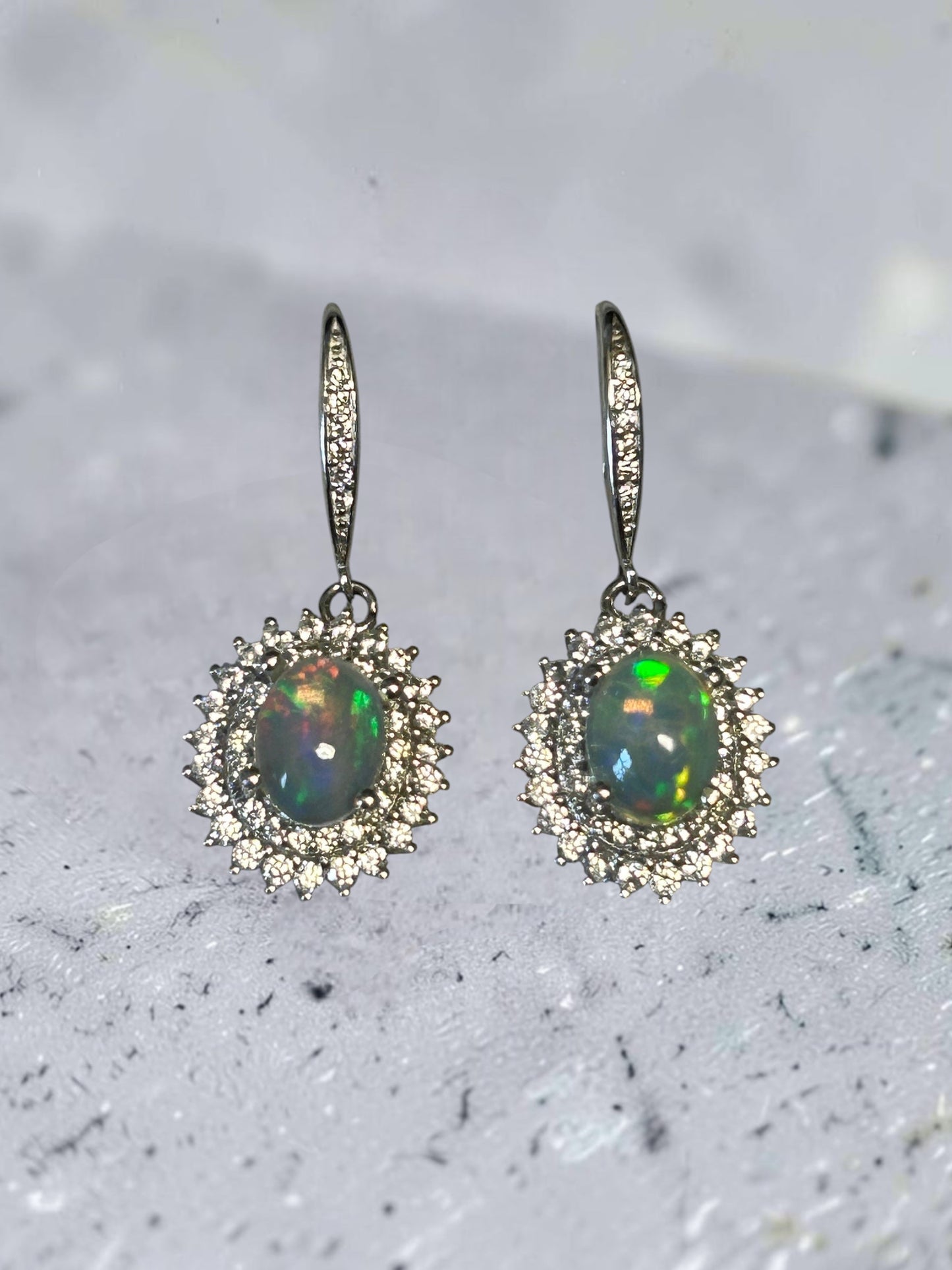 Opal Dropper Earrings with CZ Surround • 925 Sterling Silver • Gift Box