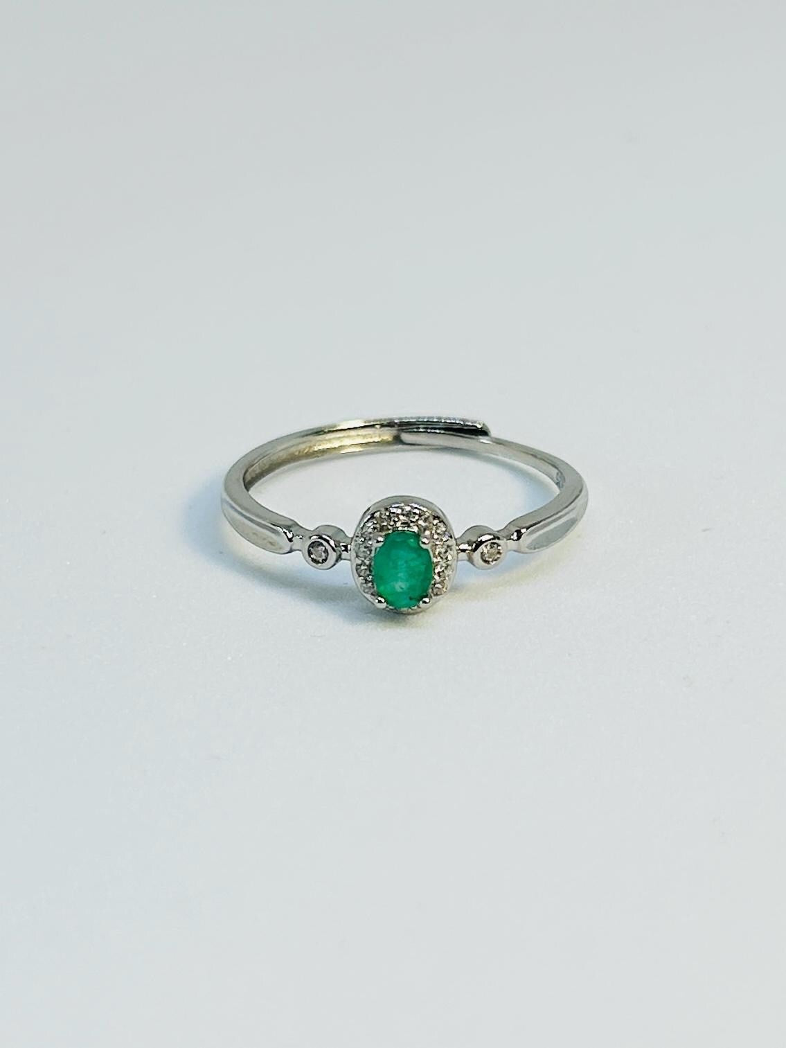 Dainty Stacking Ring with Emerald Gemstone & CZ Accents • 925 Sterling Silver • Adjustable • Gift Box