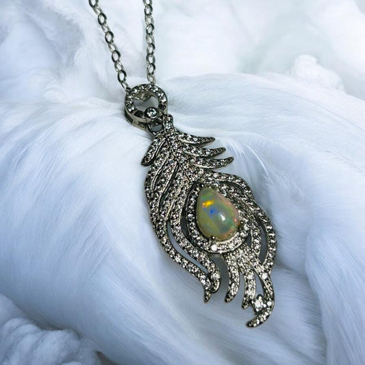 Sterling Silver Peacock Feather Pendant: Rainbow Opal & CZ Necklace