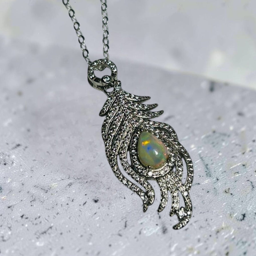 Peacock Feather Pendant with Opal Gemstone • 925 Sterling Silver • CZ Accents • Gift Box