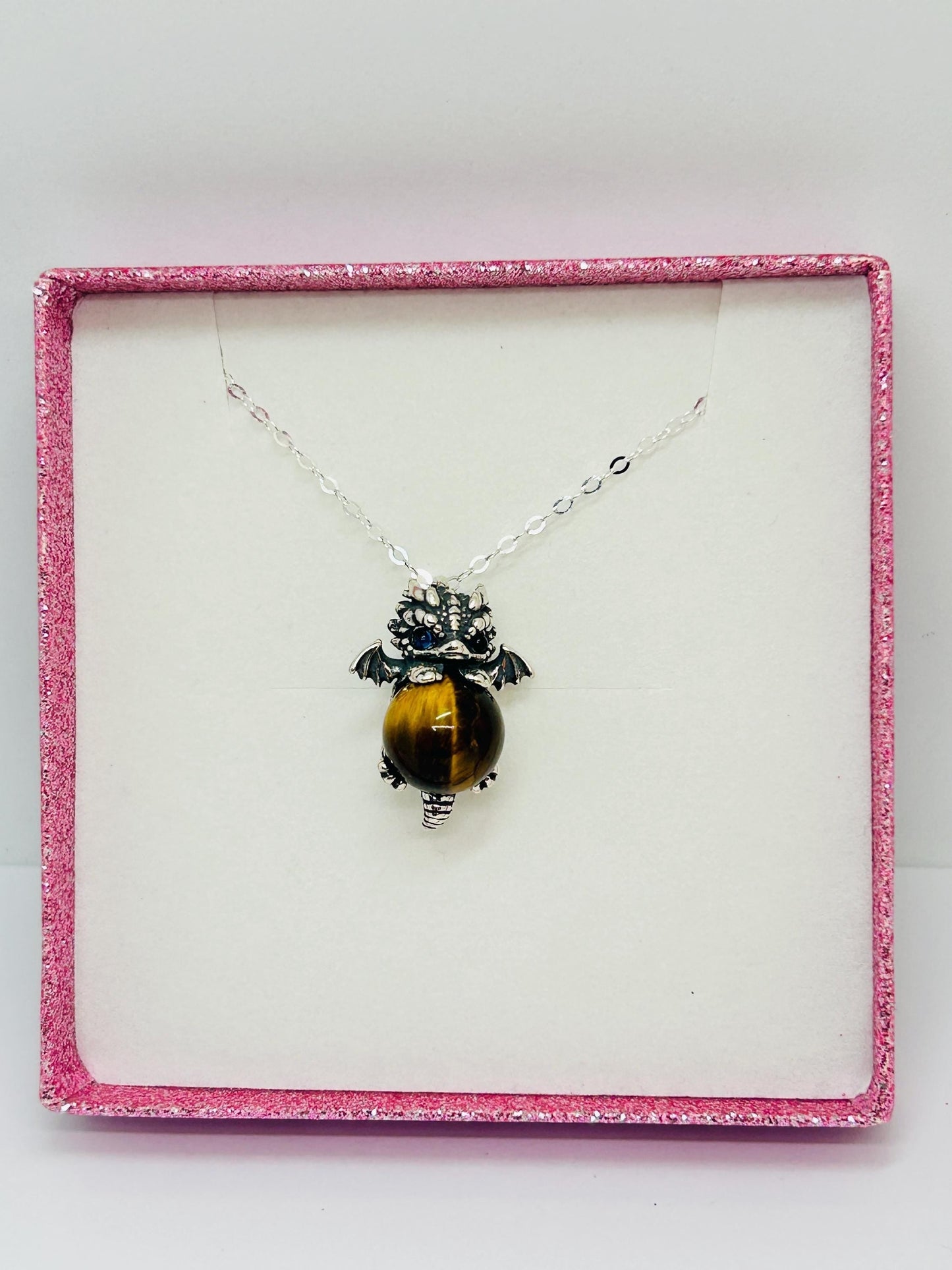 Baby Dragon Pendant with Tigers Eye Gemstone • 925 Sterling Silver • Gift box