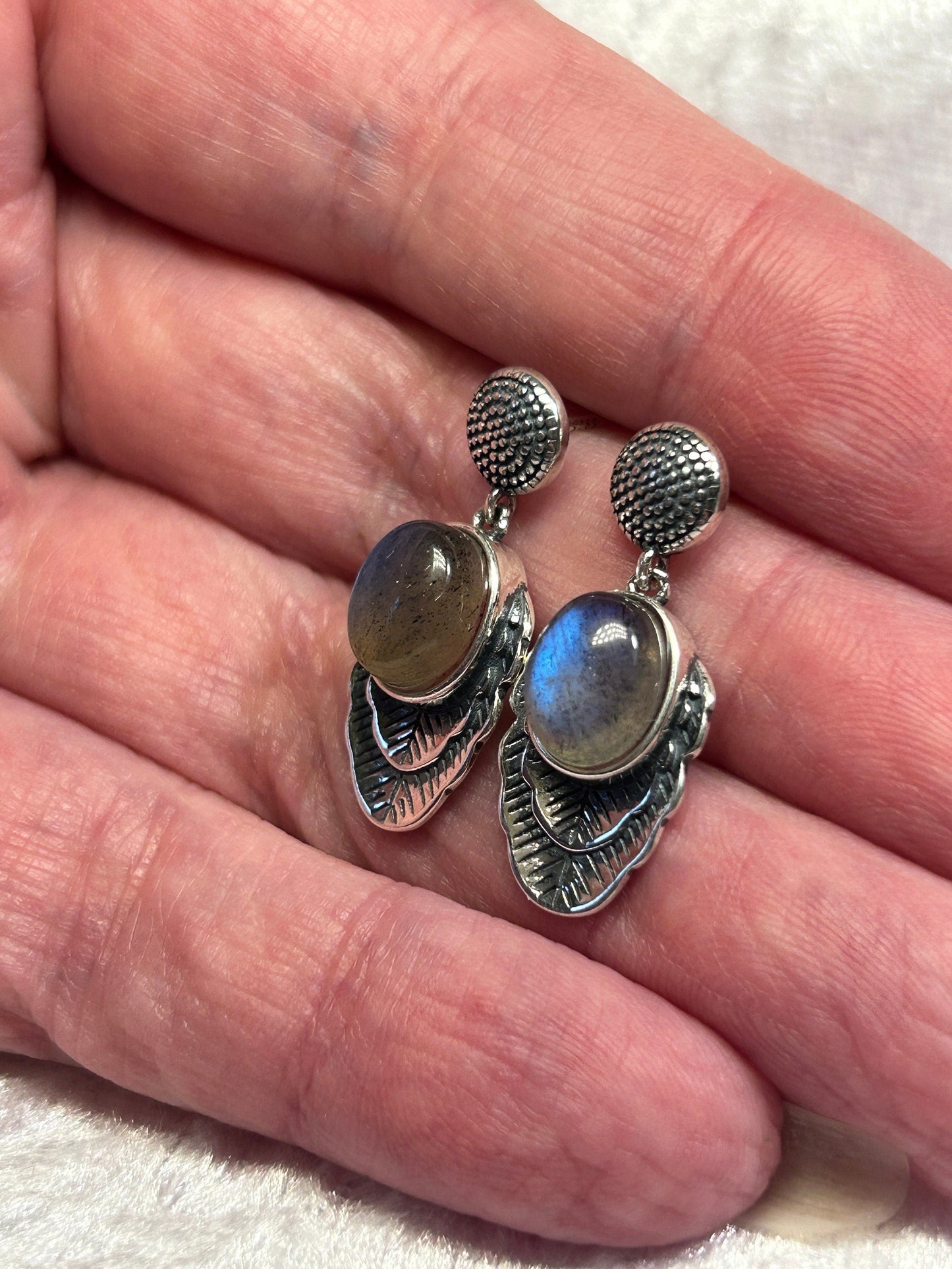 Leaf Earrings with Labradorite Gemstones • 925 Sterling Silver • Gift Box