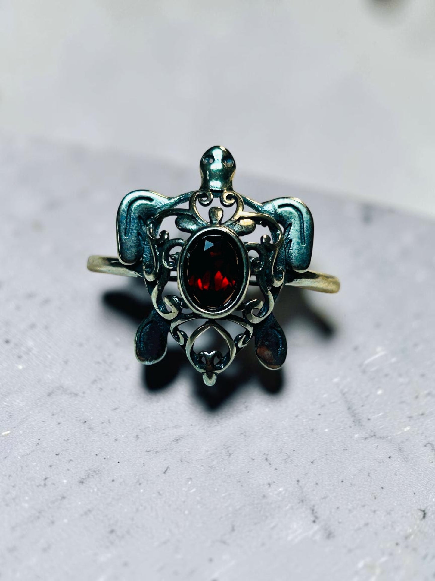 Turtle Ring with Garnet Gemstone • 925 Sterling Silver• Adjustable • Gift Box